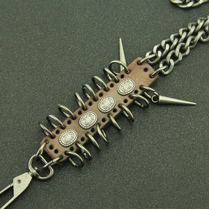 Punk rocker waist chain with brown leather, embossed metal buckles and sharp spikes
