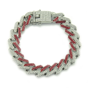 Hip hop silver Cuban chain bracelet with red and white pave-set rhinestones and box clasp