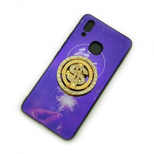 Coque de smartphone violette avec motif feux d'artifice et support dollar doré serti de strass