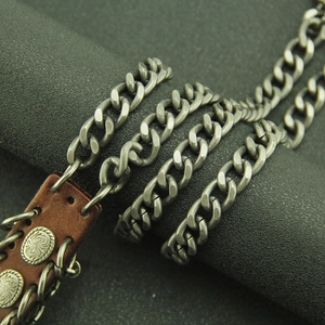 Heavy metal punk trousers chain with vintage silver finish and embossed leather details