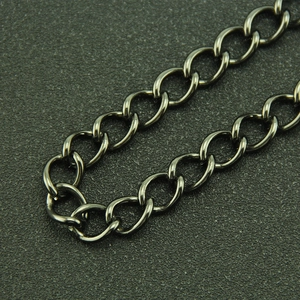 Macro detail of industrial style matte gunmetal oval link chain for hip hop trousers