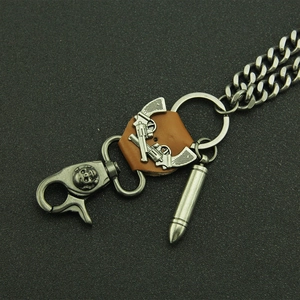 Punk style double-layered metal belt chain with leather gun patch and bullet pendant