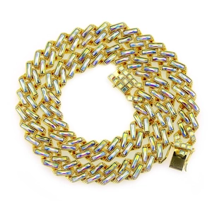 Men hip hop Cuban chain necklace with gold plating and colorful geometric CZ stones