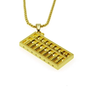 Macro view of gold 3D abacus pendant with detailed beads and matching metal chain