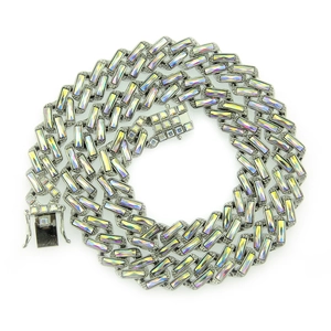 Macro view of Cuban chain with rectangular iridescent rhinestones and secure clasp
