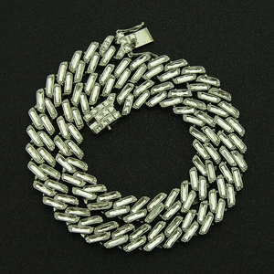 Close-up of hip-hop silver cuban link chain with iced out rectangular cz stones