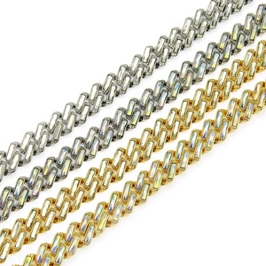 Hip hop cuban link chain with rectangular colorful crystals in gold and silver finish