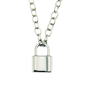 Detailed close-up of a high-polished silver padlock pendant on a minimalist link chain