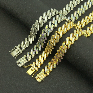 Hip hop Cuban link chain necklace with colorful rectangular CZ stones in gold and silver