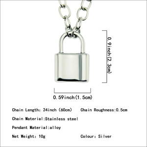 Silver retro padlock pendant necklace in stainless steel showing size and weight details