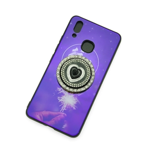 Purple galaxy phone case with sparkling heart rhinestones and retractable pop socket