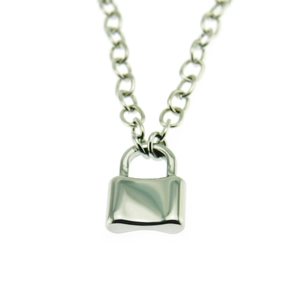 Detailed view of polished silver padlock pendant on a minimalist stainless steel cable chain