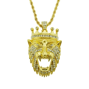 Hip Hop Löwenkopf Anhänger Halskette Mit Krone Strass Iced Out Legierung Löwen Kette Gold Silber Kordelkette Schmuck