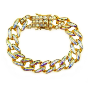 Hip Hop Men's Cuban Link Bracelet Gold Silver Plated Alloy Marquise Rhinestone Inlaid Leaf Shape Streetwear Jewelry