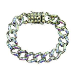 Silver Cuban chain bracelet featuring marquise-cut colorful AB crystals and box clasp