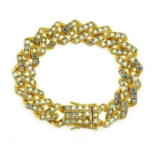 Bracelet Maille Gourmette Hip Hop pour Hommes Alliage Plaqué Or Argent Strass Carrés Colorés Bijoux de Main Cadeau
