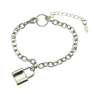 Polished silver padlock charm chain bracelet for men and women with adjustable extender link
