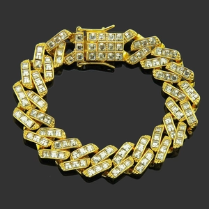 Bracelet gourmette cubaine dorée pour homme serti de zircons cubiques carrés brillants