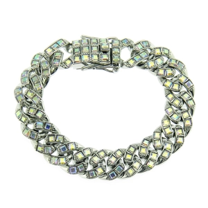 Bracelet cubain argenté style hip-hop avec strass arc-en-ciel colorés et fermoir sécurisé