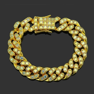 Bracelet Chaîne Cubaine en Alliage Iced Out Hip Hop pour Hommes Plaqué Or Argent Strass Pavé Bracelet Chaîne à Maillons Bijoux Tendance Personnalisés