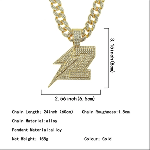 Hip hop men's cuban link necklace with oversized iced out lightning Z pendant