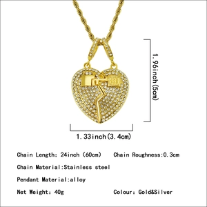 Men hip hop golden broken heart pendant necklace with rhinestones and twist chain