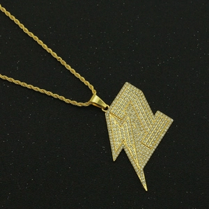 Chaîne corde dorée hip-hop pour homme avec grand pendentif éclair serti de cristaux