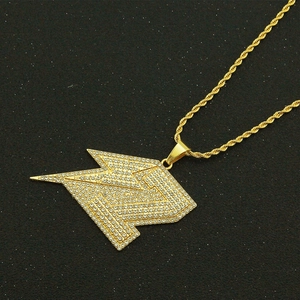 Collier hip hop pour homme avec grand pendentif éclair glacé et chaîne en corde dorée