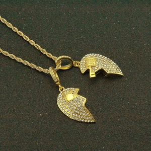 Men's hip hop broken heart pendant necklace with gold chain and iced out rhinestones