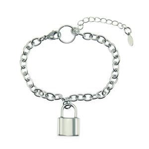 Minimalist silver chain bracelet featuring a polished lock pendant and lobster clasp