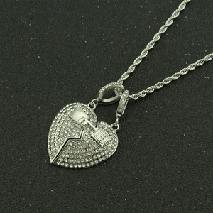Men's hip hop broken heart pendant necklace with rhinestones and silver rope chain