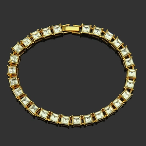 Classic gold square-cut tennis bracelet with sparkling iced-out rhinestones for men