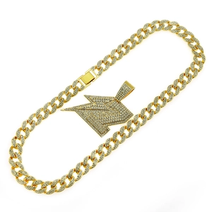 Hip hop gold Cuban chain necklace with large iced out lightning bolt pendant for men