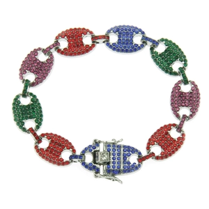 Detailed close-up of hip hop silver bracelet with colorful rhinestones and coffee bean links