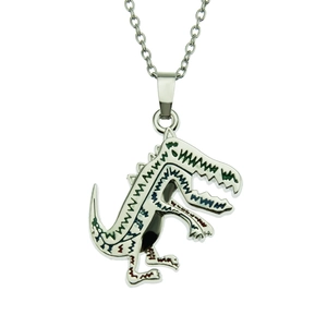 Macro detail of silver dinosaur pendant with colorful red green and blue painted stripes
