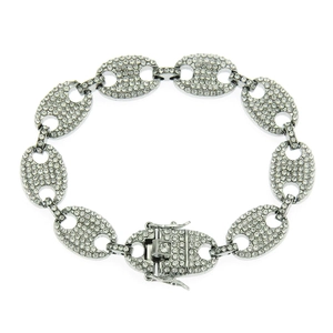 Detail of hip-hop coffee bean link bracelet with full crystal pavé and secure box clasp