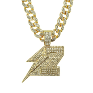 Hip Hop Iced Out Lightning Letter Z Pendant Necklace Gold Plated Alloy Rhinestone Cuban Link Chain For Men Jewelry