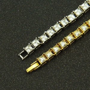Hip hop tennis bracelet with square-cut diamonds in gold and silver plating