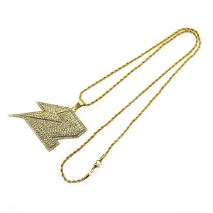 Collier hip hop éclair doré avec strass scintillants et chaîne corde torsadée