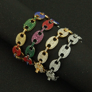 Men's hip hop iced out pig nose bracelet featuring colorful rhinestones in multiple finishes