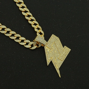 Men's hip hop gold iced out cuban link chain with large lightning bolt pendant