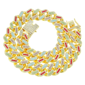 Collier Hip Hop Homme Maillon Cubain Glacé avec Strass Multicolores Alliage Plaqué Or Argent Bijoux Mode de Rue