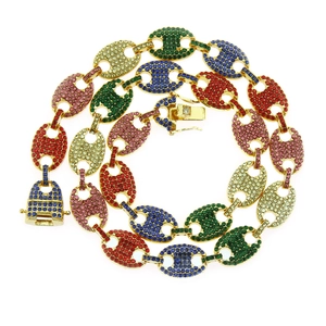 Hip Hop Alloy Puffed Mariner Link Chain Necklace For Men Colorful White Rhinestone Inlaid Coffee Bean Pig Nose Buckle Necklace
