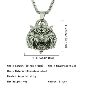 Vintage tiger head cremation urn pendant necklace in silver alloy and stainless steel