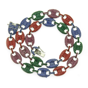 Colorful rhinestone coffee bean chain necklace with multi-color stones and silver base