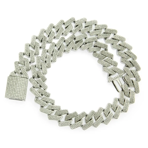 Collier cubain argenté style hip-hop avec trois rangées de zircons en losange