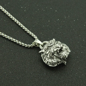 Vintage tiger head cremation urn pendant necklace in retro stainless steel finish