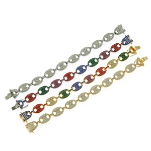 Hip hop men's iced out pig nose link bracelets in gold, silver and multicolor tones