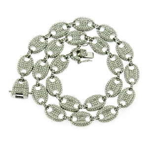 Close-up of silver coffee bean link necklace with pave set colorful sparkling crystals