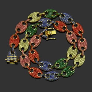 Hip hop style gold coffee bean necklace with vibrant colorful rhinestones and secure clasp